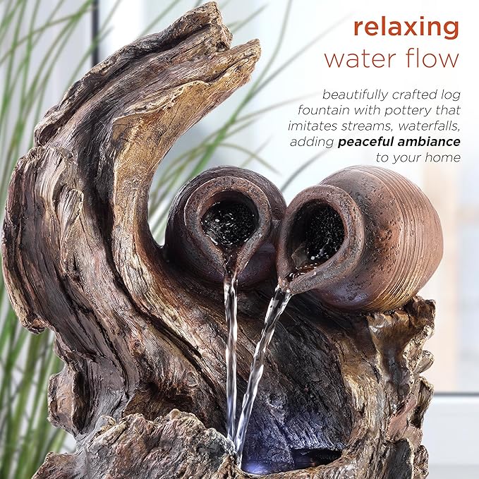 Alpine Corporation 14" Tall Indoor Tabletop Two Jars on a Tree Branch Fountain with LED Lights