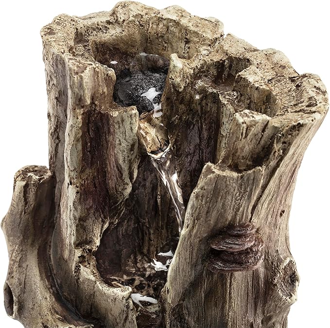 Alpine Corporation WIN326 Indoor Tabletop Light-Up Tiered Rainforest Tree Trunk Water Fountain with LED Lights, 11", Brown
