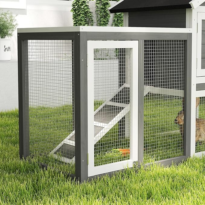 PawHut 48" Wooden Rabbit Hutch Bunny Cage with Waterproof Asphalt Roof, Fun Outdoor Run, Removable Tray and Ramp, Grey