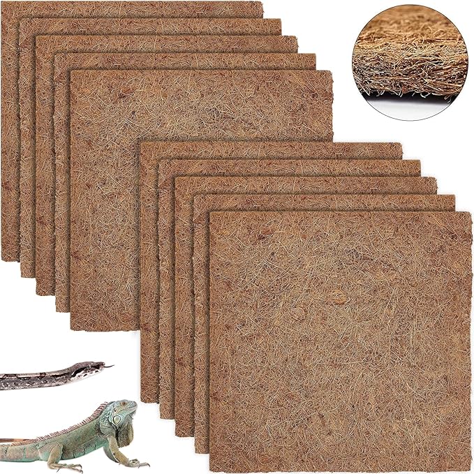ZeeDix 10 Pcs Reptile Carpet, 14X14 inch Natural Coconut Fiber Liner Mat Flooring Accessories for Reptile Tank - Bearded Dragon Tortoise Lizard Turtle Snake Leopard Gecko Substrate Bedding