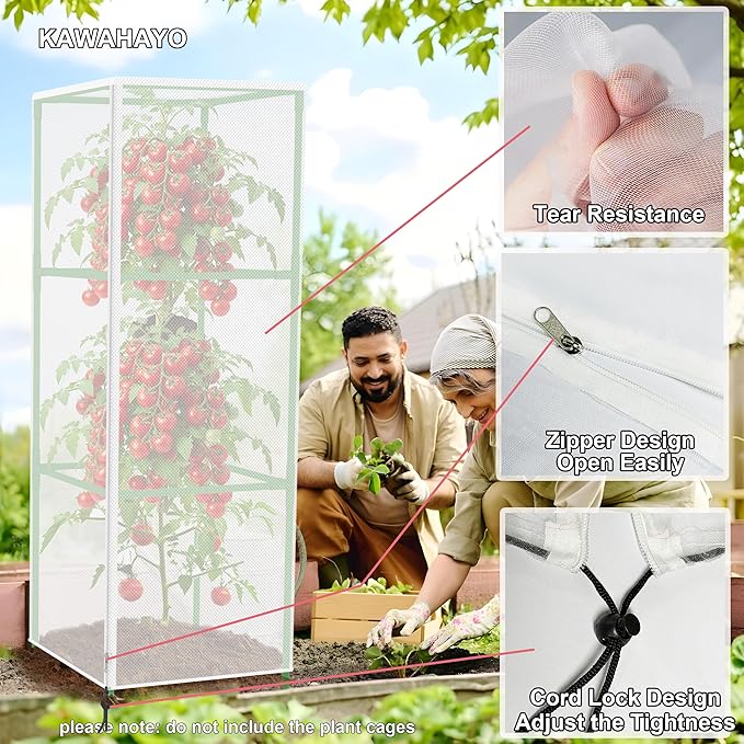 Garden Bird Netting Plant Cover for Square Tomato Cage, 59" x 17.7" Insect Barrier Tomato Cage Net with Zipper and Drawstring, Tomato Trellis Netting Protection Cover for Protecting Plant (6 Pack)