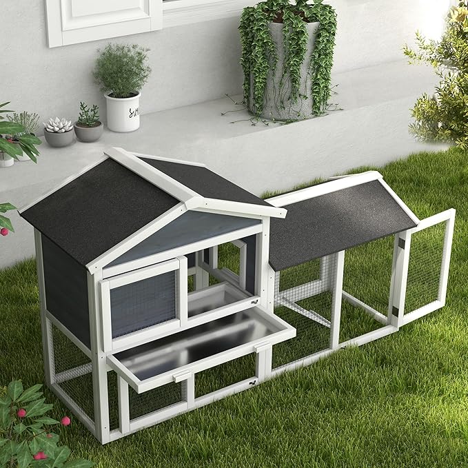 PawHut 58" Large Rabbit Hutch Outdoor Indoor, Wooden Bunny Hutch, Guinea Pig Cage with Run, Removable Tray, Asphalt Roof, Lockable Doors and Ramp, for 1-2 Small Rabbits, Gray
