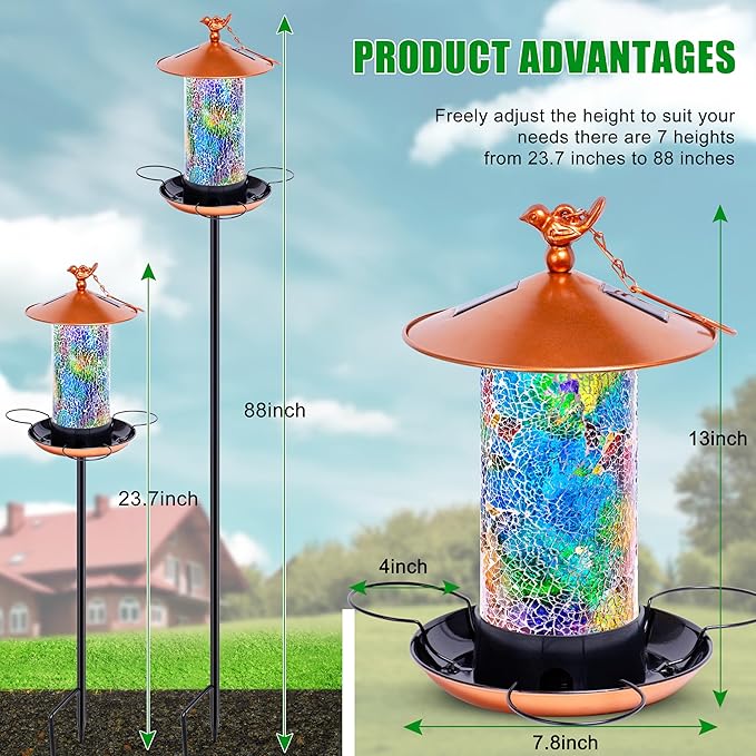 Ottsuls Solar Bird Feeder for Outdoors with Pole, Luxury Mosaic Glass Metal Vintage Lantern Standing, Pretty Garden Gift for Birthday Women, Men, Mom, Dad,Grandma