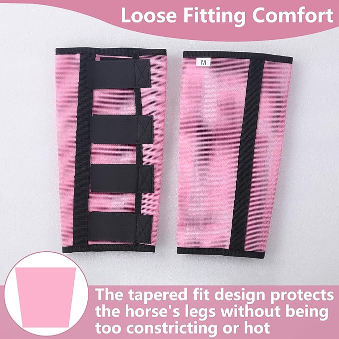 Horse Fly Boots Set of 4 - Non-Slip Leg Guards Extra Tough Mesh Ventilated, Adjustable Horse Fly Leggings Reduce Stomping & Hoof Stress & Leg Fatigue Pink Small