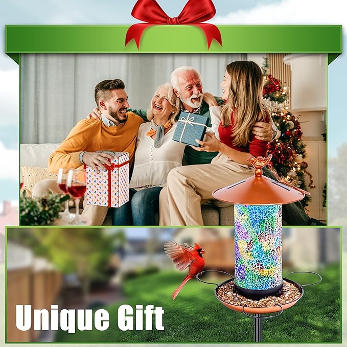 Ottsuls Solar Bird Feeder for Outdoors with Pole, Luxury Mosaic Glass Metal Vintage Lantern Standing, Pretty Garden Gift for Birthday Women, Men, Mom, Dad,Grandma