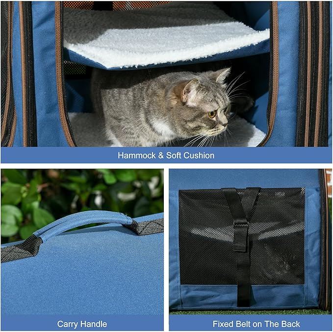 PawHut 39" Portable Soft-Sided Cat Carrier, Cat Kennel, Travel Dog Crate with Divider, Two Compartments, Soft Cushions & Storage Bag, Easy to Fold, Blue
