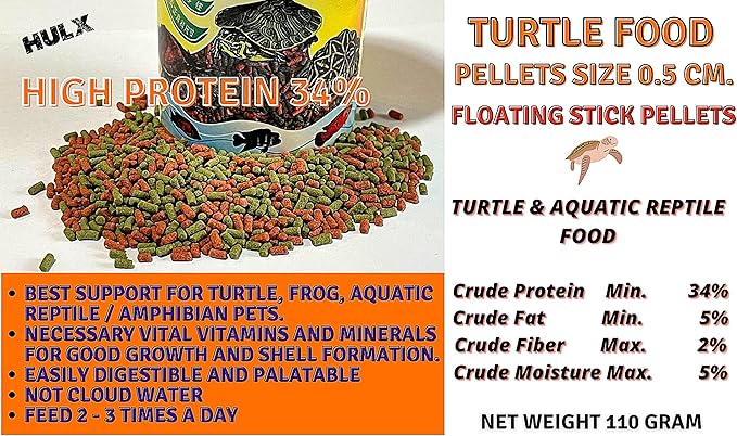 Turtle Food & Reptile Feed 110 G, HIGH Protein 34% Floating Stick Pellets Growth Fast Formula, Turtle Stick Feeding Frog Aquatic Amphibian & Cichlid Food Support Robust Turtle Shell, Tortoise Food