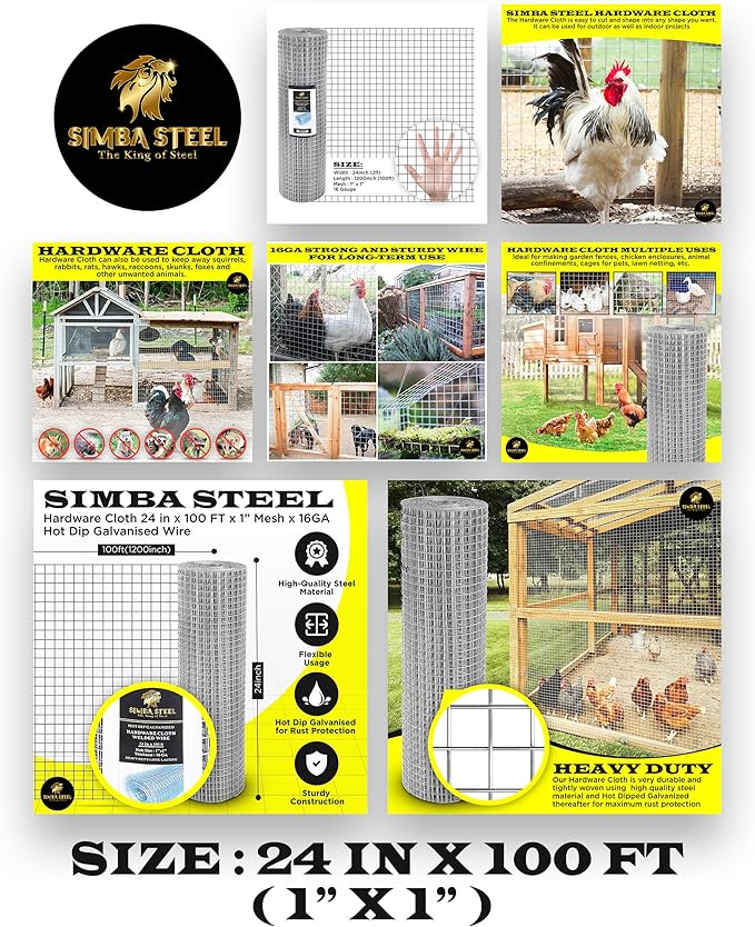 24” x 100 FT Hardware Cloth 1 inch Mesh 16 Gauge, Hot Dip Galvanised Wire Mesh, Rust Proof, Welded Cage Wire Rolls for Garden, Fence, Chicken, Rabbit, Pet Enclosures 24 x 100 (1 x 1)