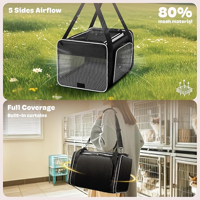 Top and 2 Sides Expandable Pet Carrier 17x11x9.5,TSA Airline Approved Small Dog Carriers for Small Dogs,Soft-Sided Cat Carrier with Self-Locking Zippers for Kitten,Rabbit,Puppy,Guinea Pig Black White