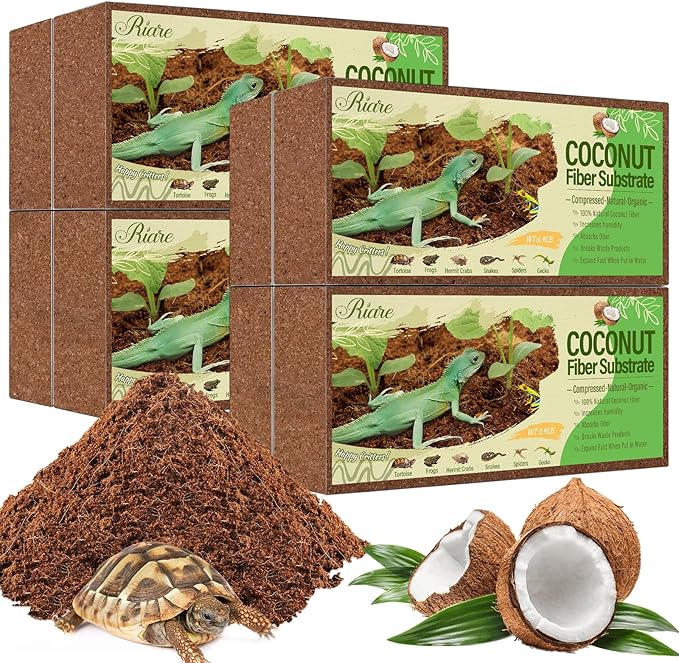 Riare 8 Pack Natural Coconut Fiber Substrate for Reptile- Premium Compressed Coconut Husk Terrarium Bedding for Reptile, Tortoise, Frogs, Snakes Hermit Crabs, Burrowing Animals