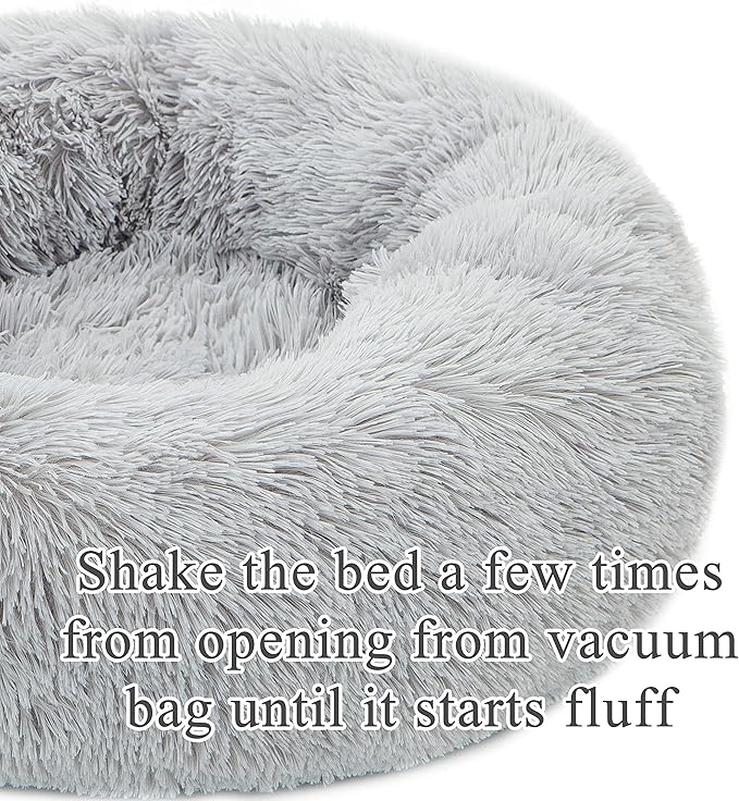 Calming Cat Bed, Soft Round Cuddler Dog Beds Fluffy Plush Faux Fur Pet Beds, Anit-Anxiety Self-Warming Comfy (20", Light Grey)