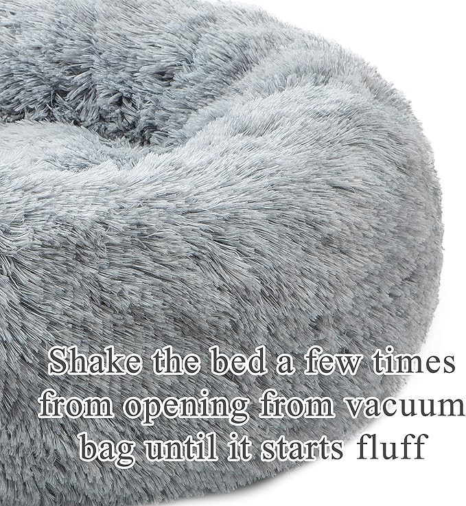 Calming Cat Bed, Soft Round Cuddler Dog Beds Fluffy Plush Faux Fur Pet Beds, Anit-Anxiety Self-Warming Comfy (20", Grey)