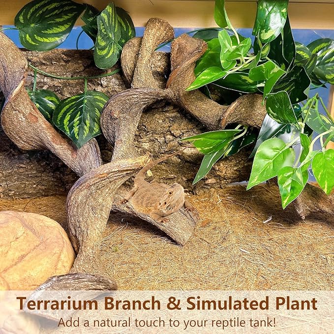 BNOSDM 3PCS Natural Reptile Climbing Branches Decor,1.8-2.2" Thick Natural Snake Climbing Forest Wood with Plant Leaf Decor,Lizard Forest Branch,Geckos Tank Tree Trunk Accessories for Bearded Dragons