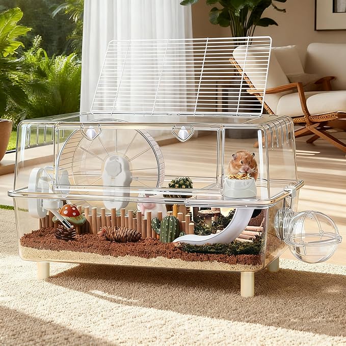 Large Hamster Cage,Crystal Clear Acrylic Hamster Cage with Stand,24.4''L*18.1''W*15.8''H Pet Mouse Cage for Pet Mice,Crystal Mouse Habitat,Hamster Enclosure with Modular Platform,Hamster Starter Kit