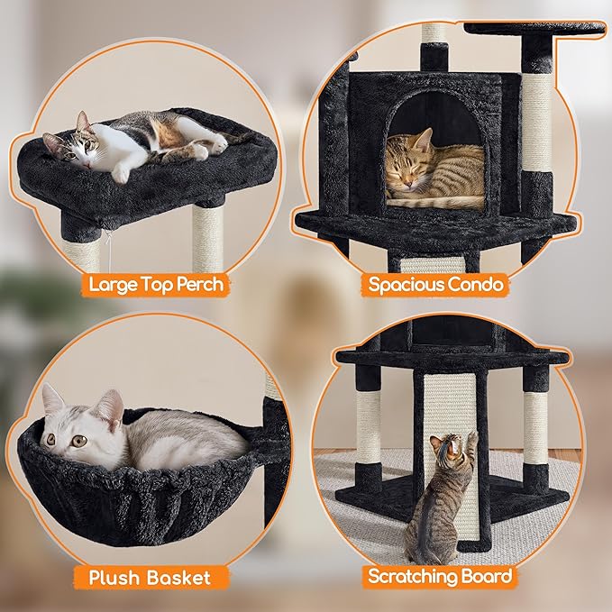 Yaheetech Cat Tree, 42in Cat Tower for Indoor Kittens, Pet Play House with Large Perch & Scratching Posts & Cozy Condo & Scratching Ramp, Kitten Furniture Activity Center, Black
