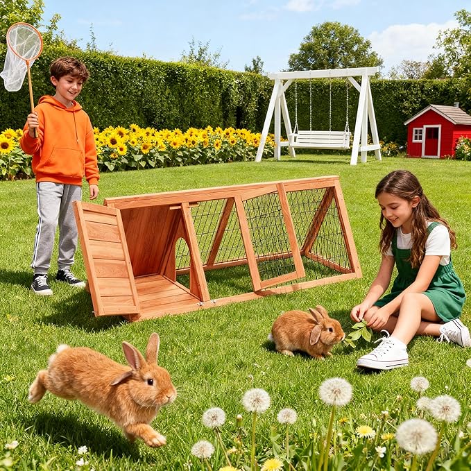 Bunny Cage Outdoor, Wooden Chicken Coop, Portable Chicken Run, Triangle Quail Coop with Ventilating Wire Poultry Hutch for Small Animals (Natural Wood)