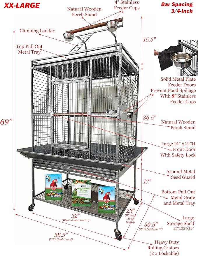 X-Large 32" Lx23 Wx69 H Deluxe Wrought Iron Bird Parrot Cage Top Play Ground Walk Ladder Stainless Cups Include Seed Guard Large Storage Shelf Heavy Duty Rolling Lockable Wheels