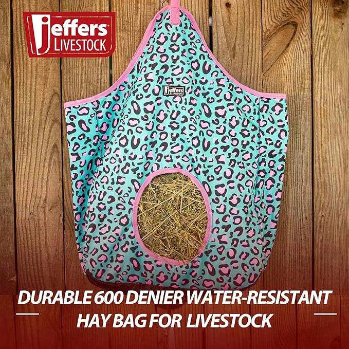 Jeffers Expression Top Loading Hay Bag for Horses & Livestock – Durable 600 Denier, Water Resistant Hay Feeder with Mesh Bottom for Stall, Trailer & Travel – Horse Feeding Supplies - Party Cheetah