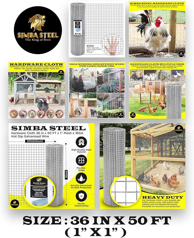 36” x 50 FT Hardware Cloth 1 inch Mesh 16 Gauge, Hot Dip Galvanised Wire Mesh, Rust Proof, Welded Cage Wire Rolls for Garden, Fence, Chicken, Rabbit, Pet Enclosures