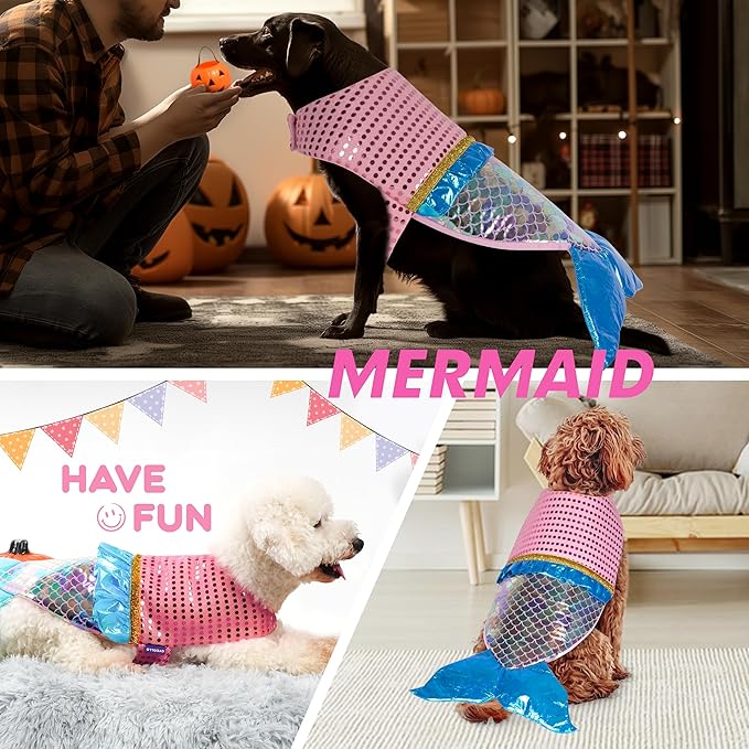 cyeollo Dog Costume Mermaid Costumes for Small Dogs Halloween Outfit Holiday Birthday Party Dog Clothes Outfits Sparkly Pet Costumes Size M