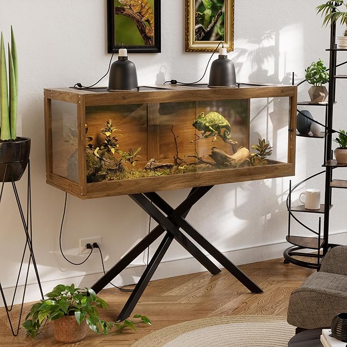 PAKASEPT 80 Gallons Bearded Dragon Tank with Reptile Light Fixture,Tempered Glass Reptile Enclosure with Metal Mesh Top,Snake/Lizard Tank with Leg for Chameleon,Tortoise,Hecko,Brown