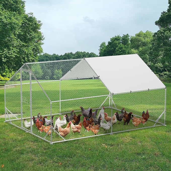 Large Metal Chicken Coop Run,Outdoor Walk-in Cage Peak Hen House with Waterproof and Anti-Uv Cover,Spire Roof Hen House with Security Lock for Outdoor,Backyard and Farm, 9.8 x 13.1 x 6.6 ft