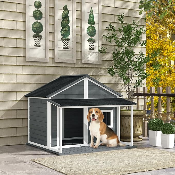 PawHut Outdoor Dog House Cabin Style, Wooden Raised Pet Kennel with Asphalt Roof, Front Door, Side Window, Porch for Medium and Large Dogs, Gray