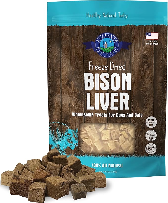 Shepherd Boy Farms Freeze Dried Dog and Cat Treats, Bison Liver, All Natural Freeze-Dried Dog Treat & Snacks, Made in USA, High in Protein, Essential Nutrition of Raw Food, 8oz