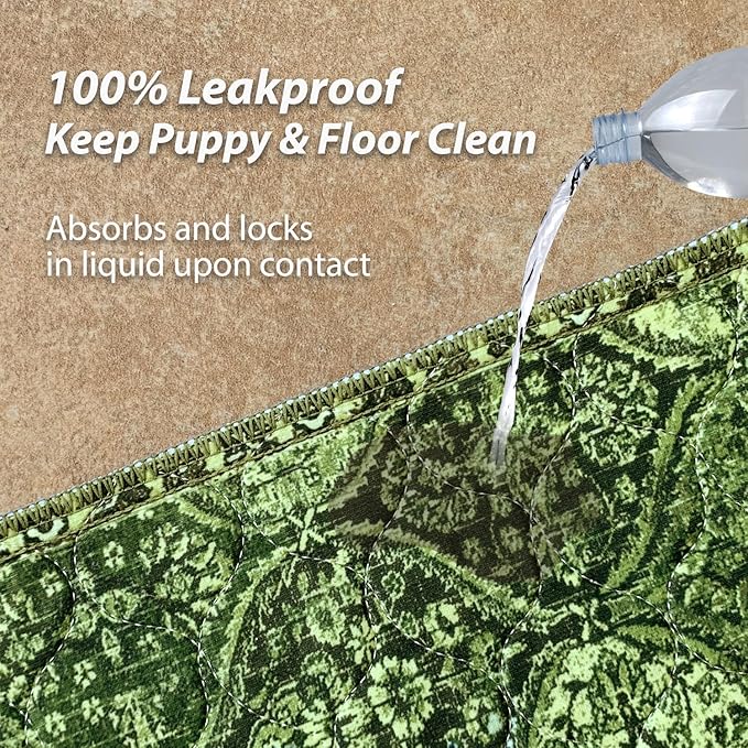 nunubaby Washable Pee Pads for Dogs, Stylish, Non-Slip and Leak-Proof Pee Pads. Reusable Potty Pads for Dogs for Crates and Floors.(Green/Multi, 24" x36")