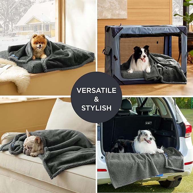Bedsure Self Warming Blanket for Small Dogs & Cats - Waterproof, Washable, Sherpa Fleece Puppy Blanket, Soft Plush Reversible Throw, 25"X35", Grey