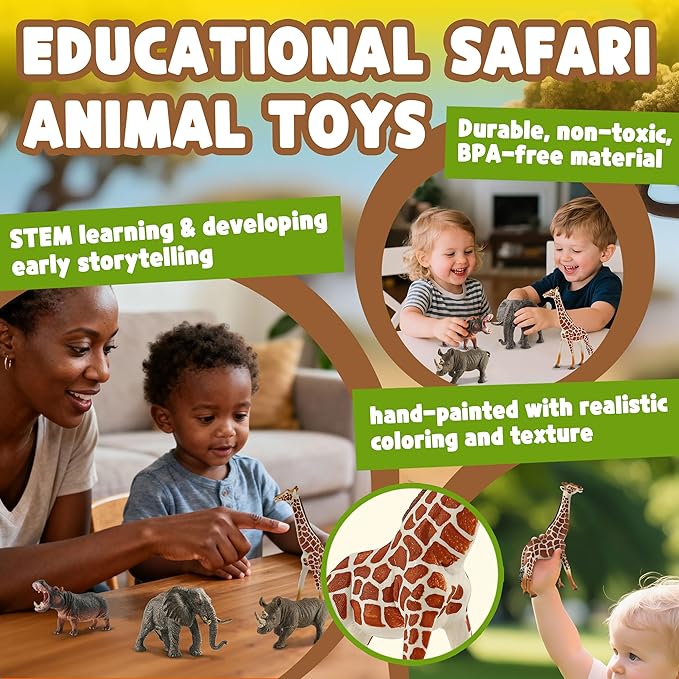 6PCS Safari Animal Figure Toys for Kids 3-5 Realistic Plastic Jungle Animal Figurines African Wildlife Learning Toys for Kids Boys Girls Toddlers