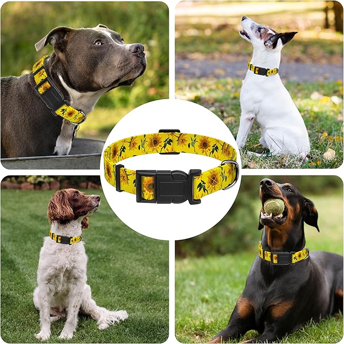 Dog Collar, Floral Boys Girls Puppy Collar for Small Medium Large Dogs, Adjustable Soft Pet Collar with Safety Buckle for Male Females (Yellow Sunflower)