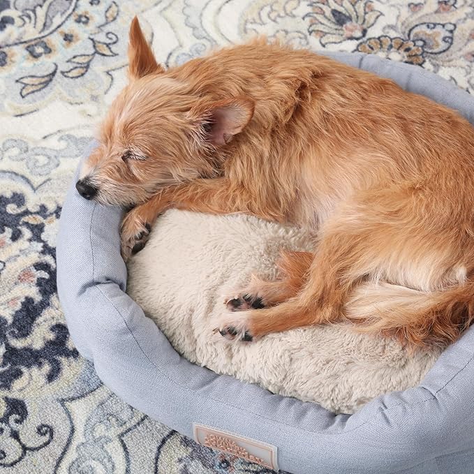 TOWN & COUNTRY EVERYDAY CuddleTown Faux Linen Comfy Cozy Cuddler Pet Bed, Supportive & Calming, Non-Slip Bottom, Machine Washable Cover, Blue, Small 22"x20"x7"