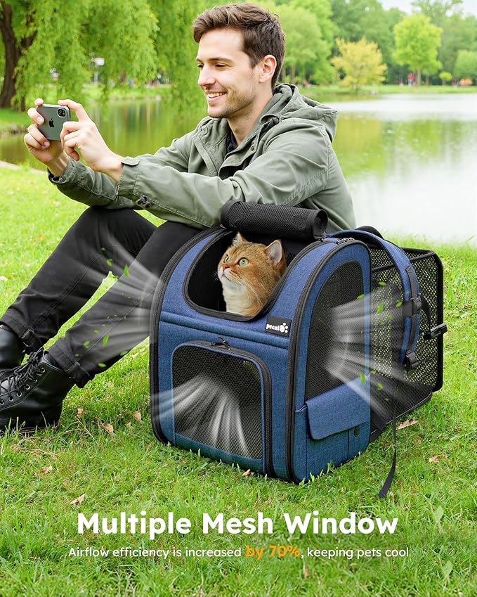 Pecute Cat Backpack Carrier Expandable, Pet Backpack for Cats & Small Dogs Up to 11lbs, with 4-Side Breathable Mesh, Multi-Entry & Lockable Zippers for Travel, Hiking, Camping - Hands Free, Blue