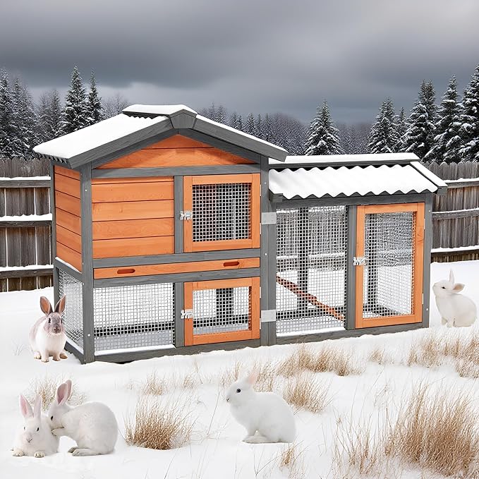 Chicken Run Coop, Wooden Duck Coop Outdoor 2-Tier Hen House All Weather Used Poultry Quail Cage Rabbit Hutch Pet Hideout with Ramp for Small Medium Animals-Expandable Design (Brown)