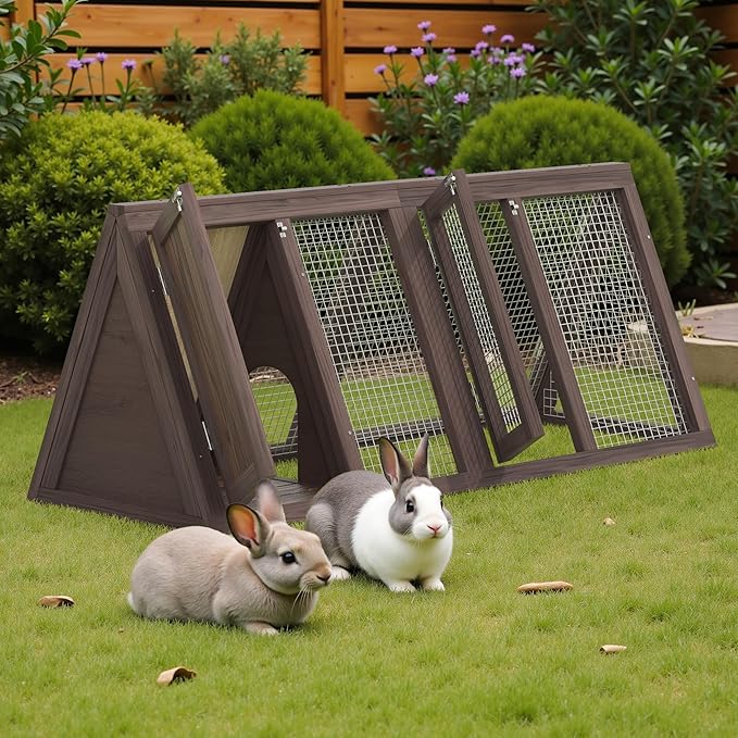 GOJOOASIS Chicken Coop for 2 Chickens Small Rabbit Hutch Quail Coop Wooden Bunny Cages Outdoor Chicken House w/Ventilating Wire (Carbonized Wood)