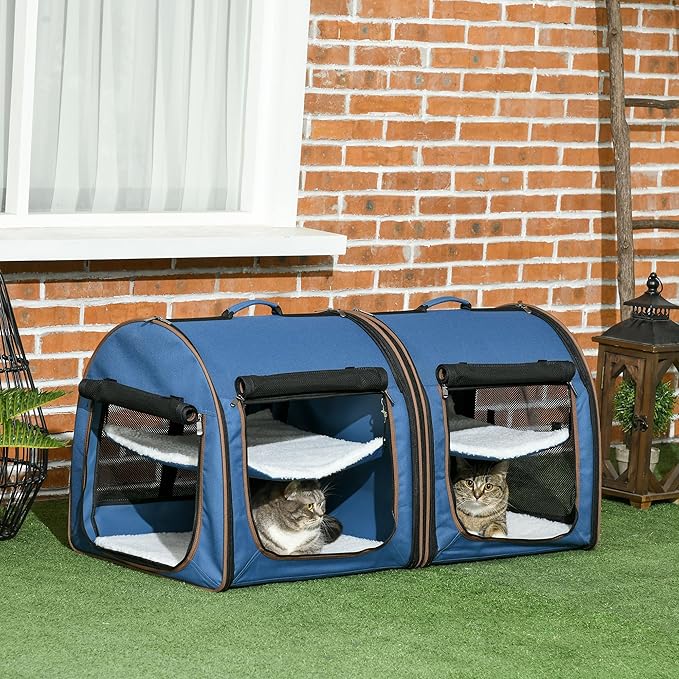 PawHut 39" Portable Soft-Sided Cat Carrier, Cat Kennel, Travel Dog Crate with Divider, Two Compartments, Soft Cushions & Storage Bag, Easy to Fold, Blue