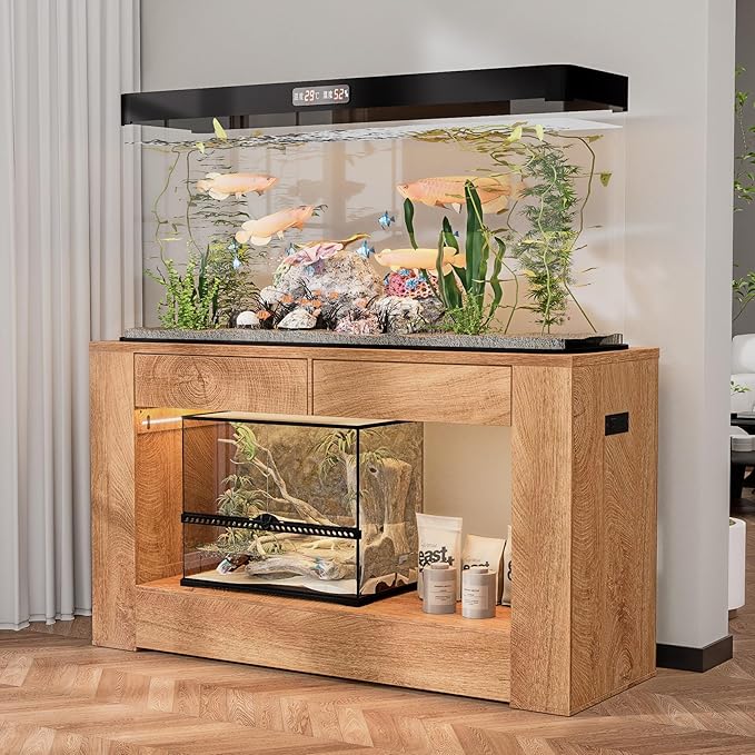 55–75 Gallon Aquarium Stand for Fish Tank & Turtle Tank, MDF Top & Drawers, Reinforced Metal Frame, LED Light, Power Outlets, 1000 lbs, 55.1”W × 18.5”D(Natural)
