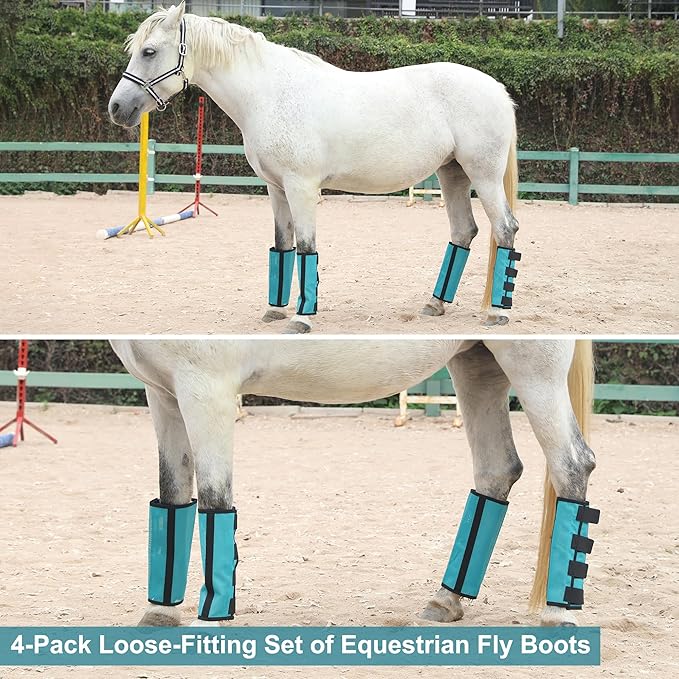 Horse Fly Boots Set of 4 - Non-Slip Leg Guards Extra Tough Mesh Ventilated, Adjustable Horse Fly Leggings Reduce Stomping & Hoof Stress & Leg Fatigue Paleblue Small
