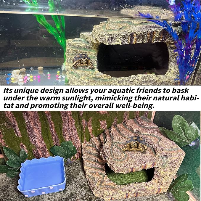 kathson Turtles Basking Platform, Reptile Cave Hideout,Tortoise Resting Terrace with Climbing Ramp,Turtle Resin Dock Tank Accessories Decor for Amphibians, Lizard, Gecko, Frog, Salamander,Extra Large