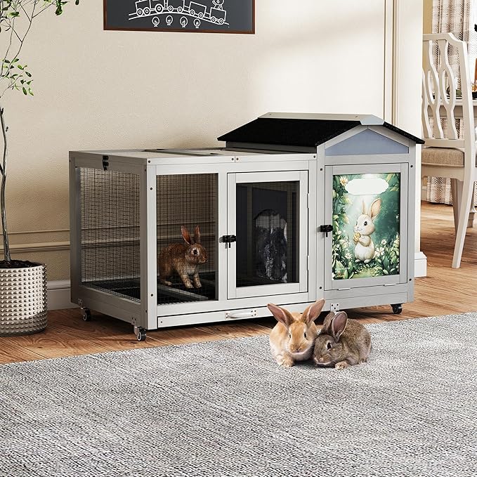 COZIWOW 39IN Heated Rabbit Hutch with Wheels, Insulated Indoor/Outdoor Bunny Cage House with Cleaning Tray, Sun Panel & Animal Pattern, Spacious Rabbit Cage for 1-2 Bunnies, (Warm Grey & Pattern)
