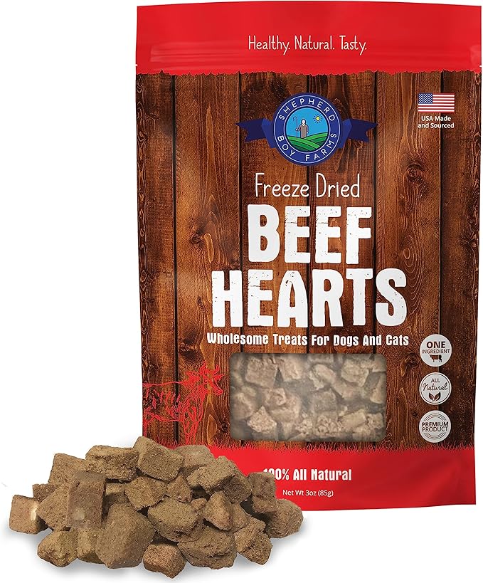 Shepherd Boy Farms Freeze Dried Dog and Cat Treats, Beef Heart, All Natural Single Ingredient Freeze-Dried Dog Treat & Snacks, Made in USA, High Protein, Essential Nutrition of Raw Food, 3oz