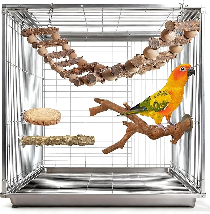 Brid Perch Stand 7PCS Natural Perches for Parakeets Include Ladder for Birds cage,Bird Cage Accessories for Parakeets, Cockatiels, Conures, Lovebirds (Nature Wood, Free Size 7pcs)
