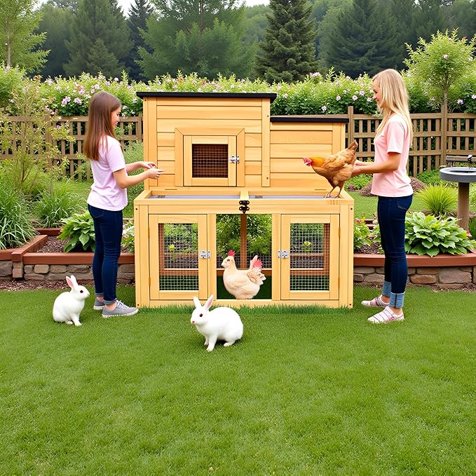 Chicken Coop Outdoor Wooden with Waterproofing Roof, Runways, Pull-Out Trays and Openable Top for Poultry Cage (Yellow)