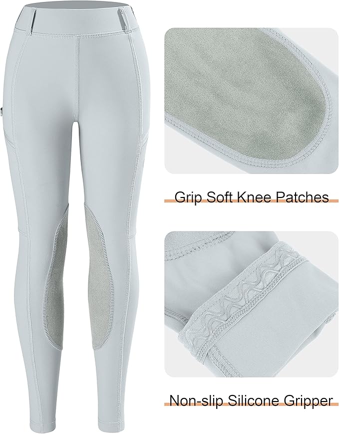 SANTINY Girls Horse Riding Pants with Zipper Pockets Kids Stretchy Equestrian Breeches Knee-Patch Youth Schooling Tights