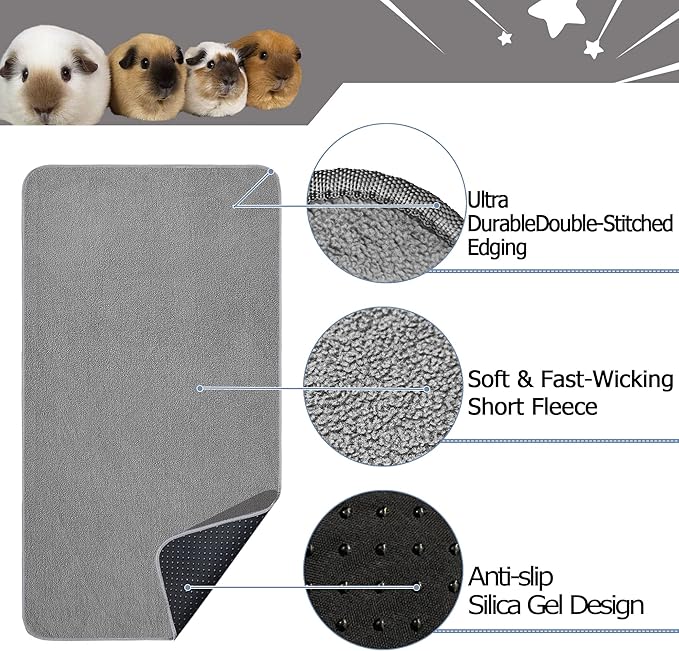 Guinea Pig Cage Liner, 8 Pack - Washable, Reusable, Leakproof Fleece Bedding Pads for Small Animals with Anti-Slip Bottom - for C&C 12''X12'' Area, Gray