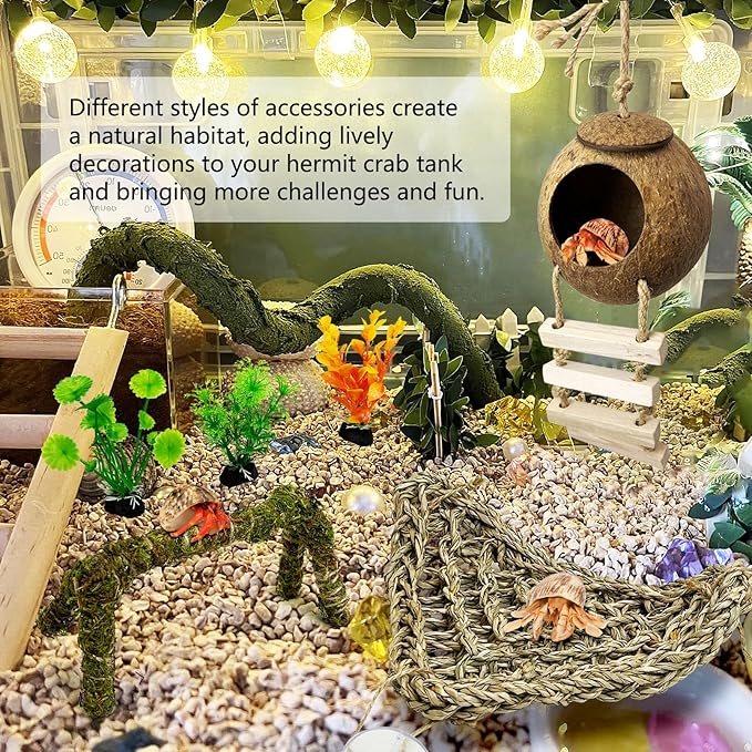 6 PCS Hermit Crab Accessories Set Large Bendable Moss Hermit Crab Climbing Toys Coconut Shell Hut with Ladder Climbing Hammock with Suction Cup Plants for Reptile Amphibian