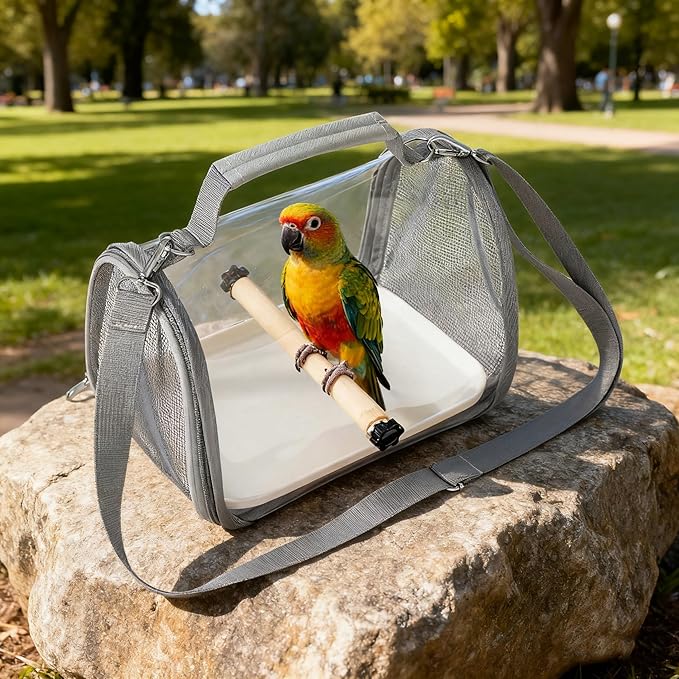Portable Small Pet Carrier Bag – Travel Bird Cage for Parrots, Parakeets, Cockatiels, Hamsters, Lizard and Vet Visit with Shoulder Straps & Side Access (Includes Tray and Stand, Gray, 13 * 9 * 8.3in)