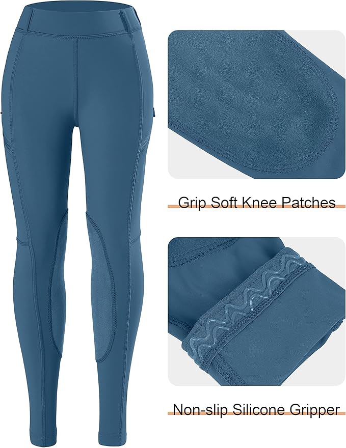 SANTINY Girls Horse Riding Pants with Zipper Pockets Kids Stretchy Equestrian Breeches Knee-Patch Youth Schooling Tights