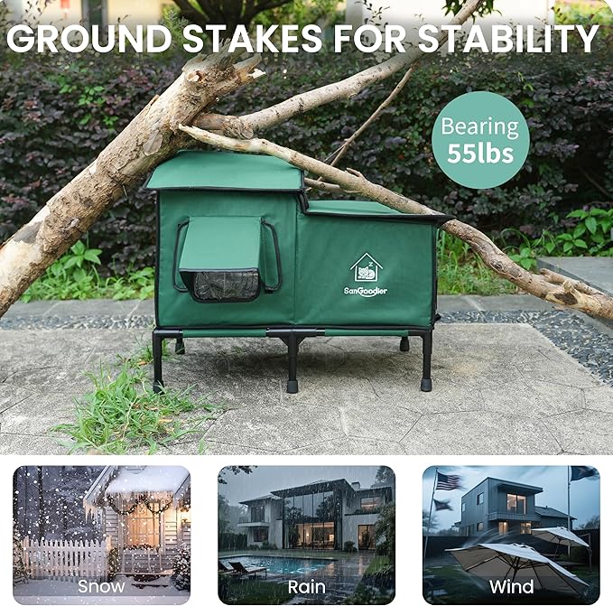 Outdoor Cat House Weatherproof, Clawsable Cat Houses with Insulation Layer, Foldable Cats Shelter, Large Cave Bed for Pets Up to 55lbs for Garden, Patio, or Backyard (Green-L)